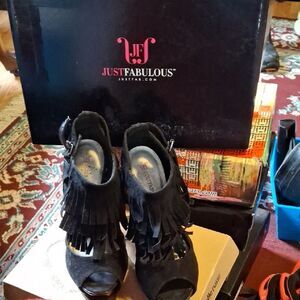 JustFab Black Peep-Toe Fringe Heels